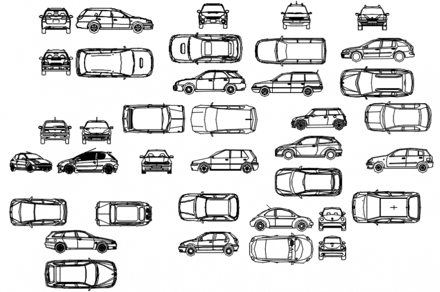 Multiple cars all sided elevation blocks autocad drawing details dwg