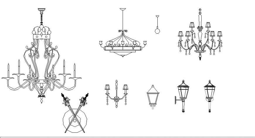 Multiple Chandelier And Decorative Equipment Blocks Drawing Details Dwg File Cadbull