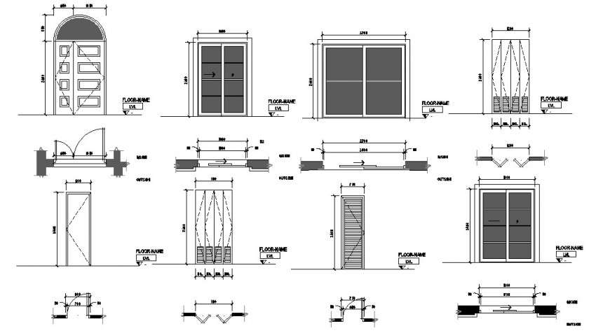 Multiple Doors Elevation And Installation Details For Villa Building