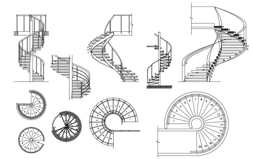 Multiple spiral staircase blocks drawing details dwg file - Cadbull