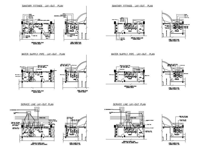 Multiple Toilets Sanitary Fittings Plan And Installation Drawing 2059