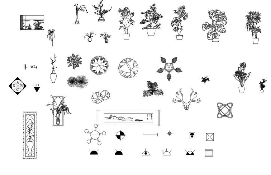 Multiple tree plants, vase and decorative blocks drawing details dwg