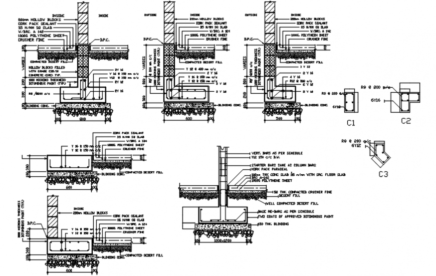 Multiple wall blocks section and construction details with column dwg ...