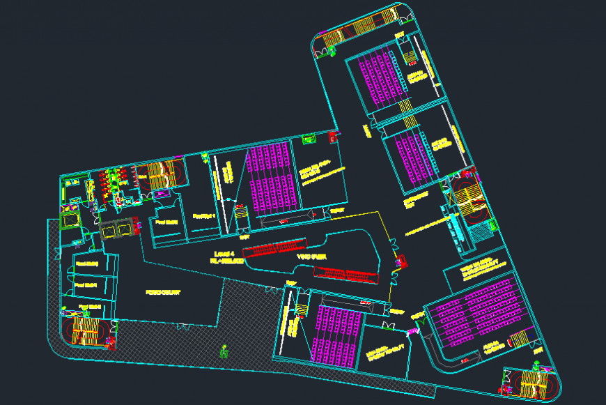 Multiplex theater with four screens distribution plan cad drawing