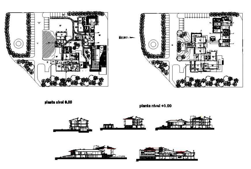 Municipal hotel building all sided elevation, section and plan cad