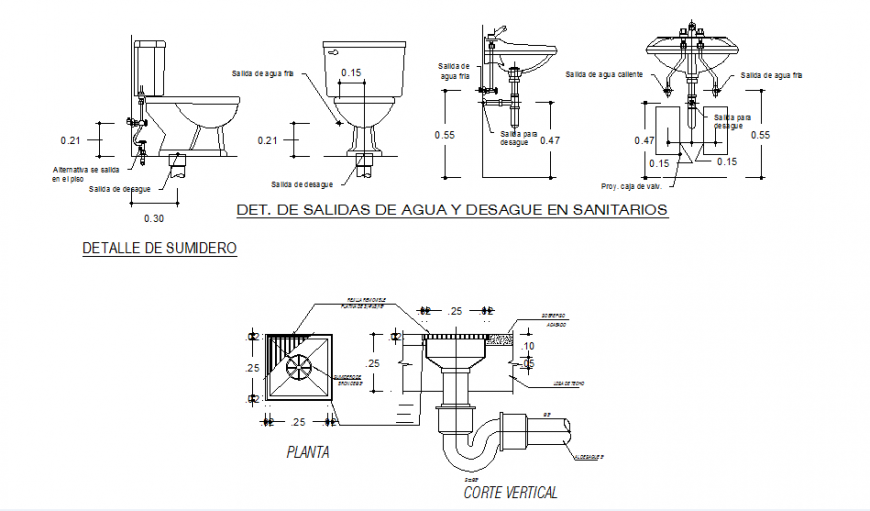 Outlets of water and drain in toilets detail Cadbull