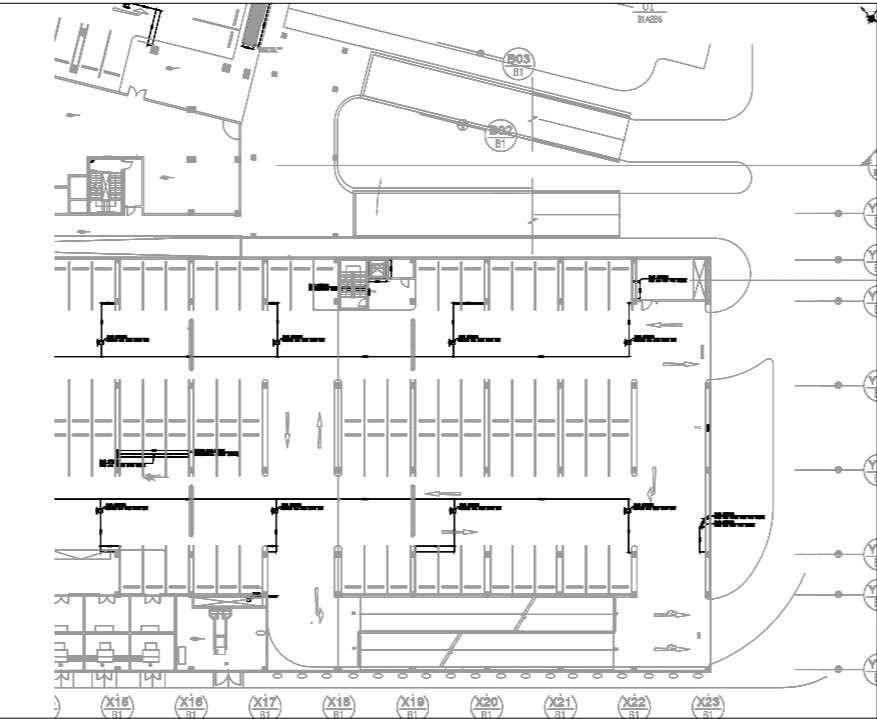 parking layout with detail of ramp ,drain box and levels - Cadbull