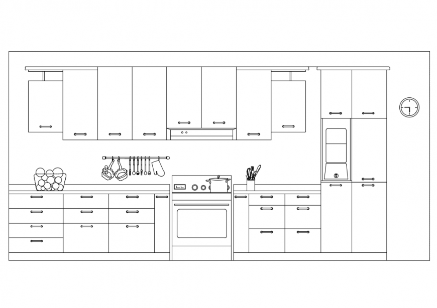 Perspective front view design of kitchen interior with crockery cad ...