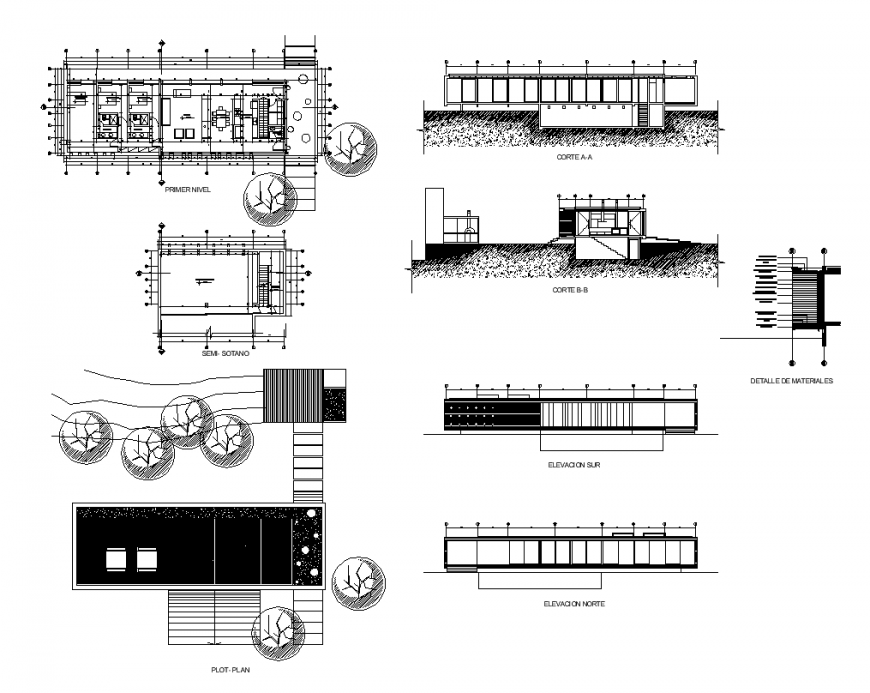 Plan, elevation and section of residential house structure ...