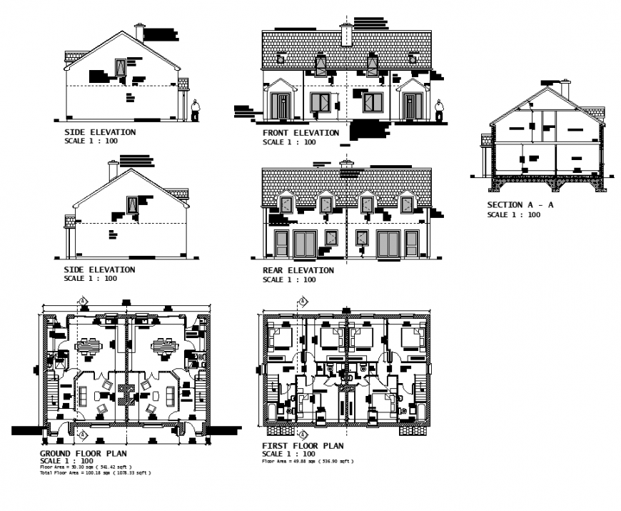 Plan, section and elevation of house building structure 2d ...