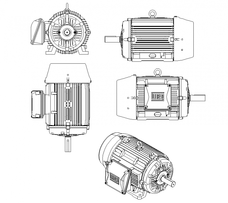 Algebra above Colonial Plan,elevation and side view with isometric detail of electric motor design  dwg file - Cadbull