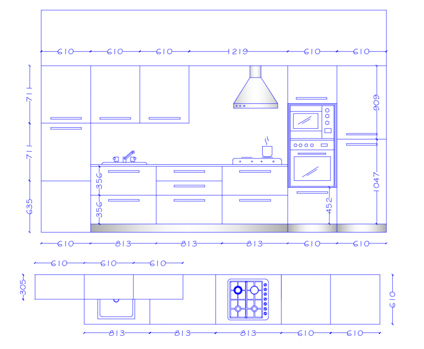 Plan and elevation of kitchen interior 2d view autocad file - Cadbull