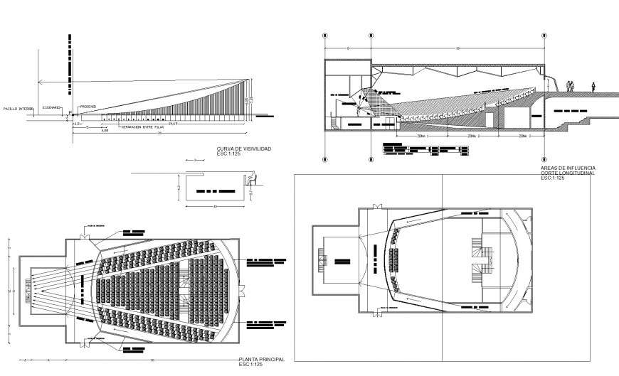 Plan and section theater autocad file - Cadbull