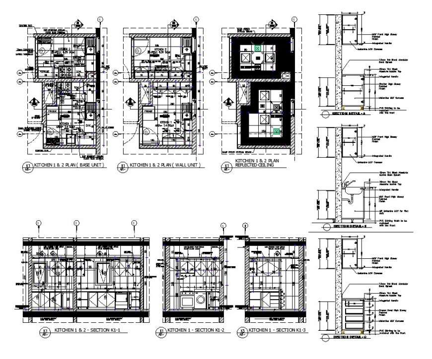 Plan and sectional detail of kitchen interior 2d view layout file in