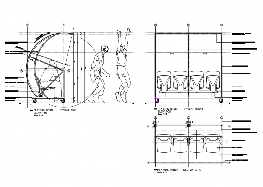 Players bench typical front, back and side elevations with dimensions
