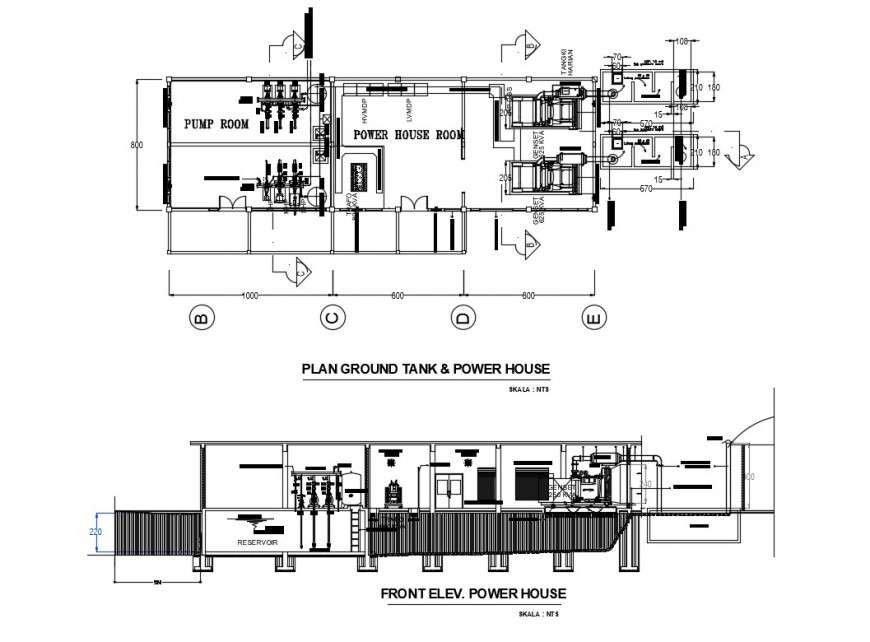 Power house plant ground floor plan, tank and front