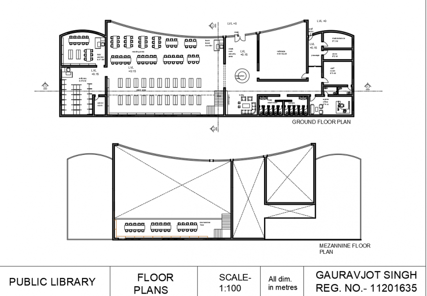 Public library floor plan drawing in dwg AutoCAD file