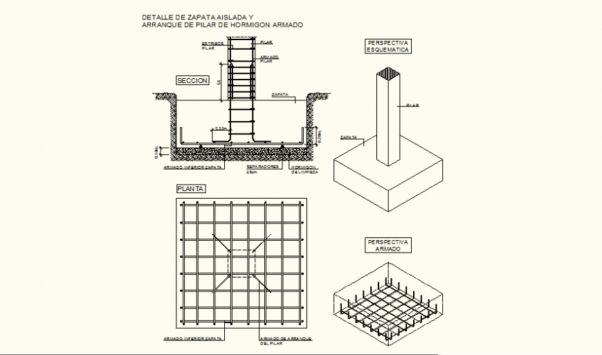 Reinforced concrete footing and pillar detail elevation and plan dwg