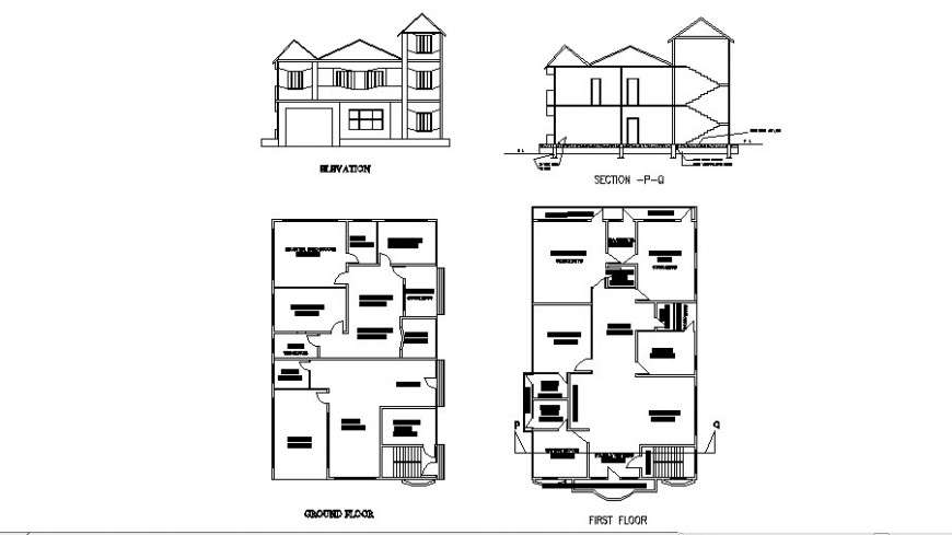 Residence house twostory elevation, section and floor