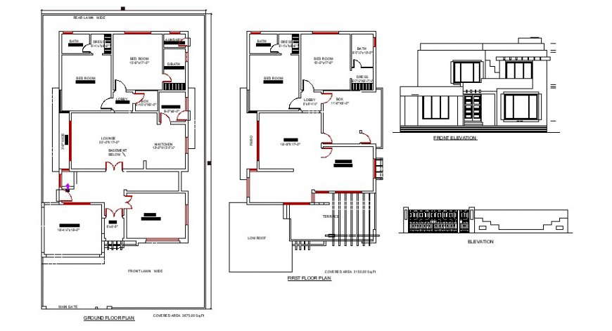 Residential house front and gate elevation and floor plan distribution