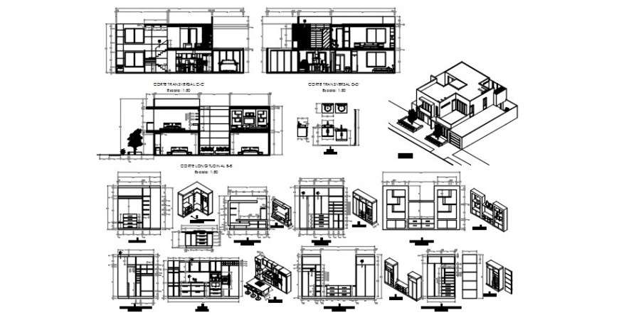 Residential house isometric elevation, sections, floor