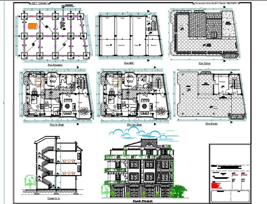 Residential house plan, elevation and section 2d view ...