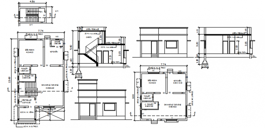 Residential house unit elevation, section and floor plan