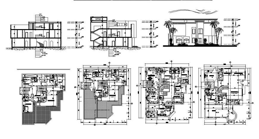 Residential three story house elevation, section and floor