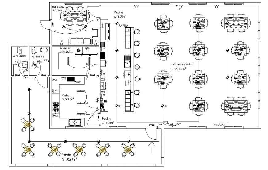 Restaurant project plan drawing in dwg file. - Cadbull