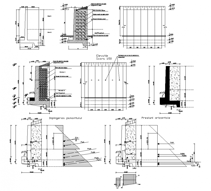 Retaining wall structural elevation and plan layout 2d view dwg file