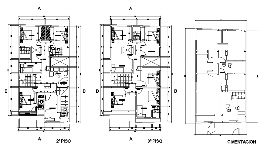Second and third floor plan details of one family house dwg file - Cadbull