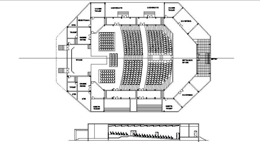 Single screen theater plan and elevation detail drawing in dwg AutoCAD