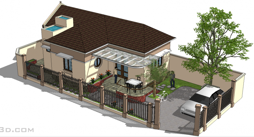 Single storey house design 3d drawing in skp file. - Cadbull