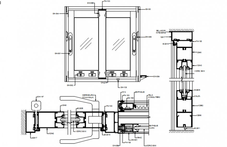 Sliding glass door main elevation and installation drawing details dwg