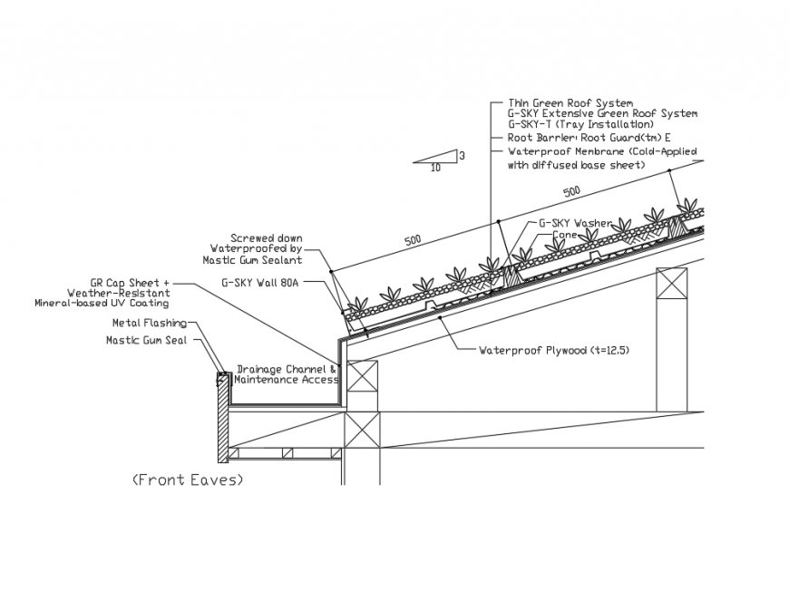 Slope Of The Green Roof Drainage Details Of The Front Eaves Plumbing Constructive Dwg File Cadbull