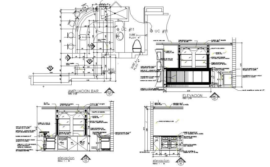 Small bar plan and sectional elevation drawing in dwg file. Cadbull