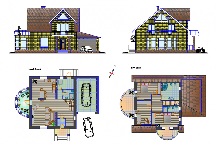 Small family house elevation, ground level and first level
