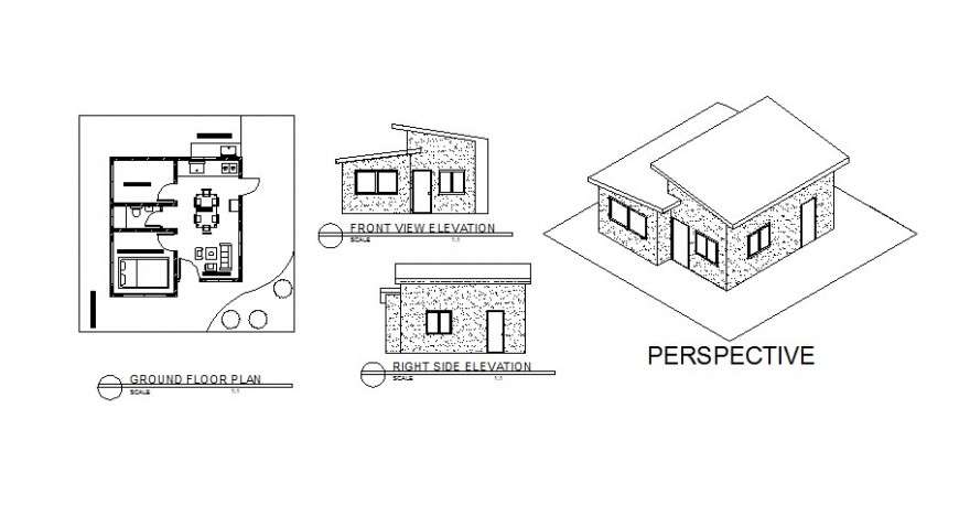 Small single story house  elevation  section  and plan  