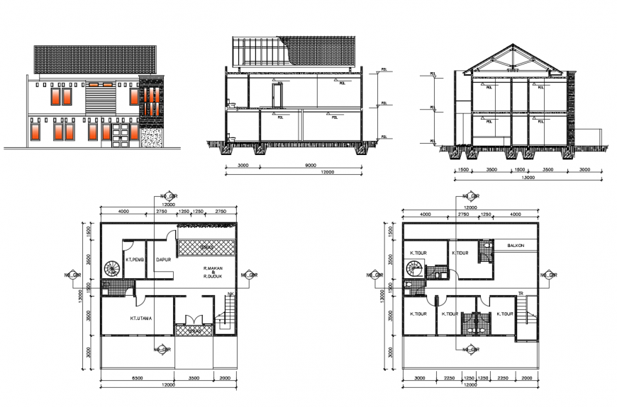 Small twostory house elevation, section and plan cad