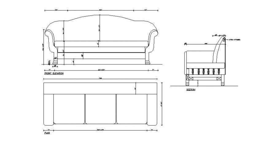 Sofa Set Front Elevation Section And Plan Cad Drawing Details Dwg File Cadbull