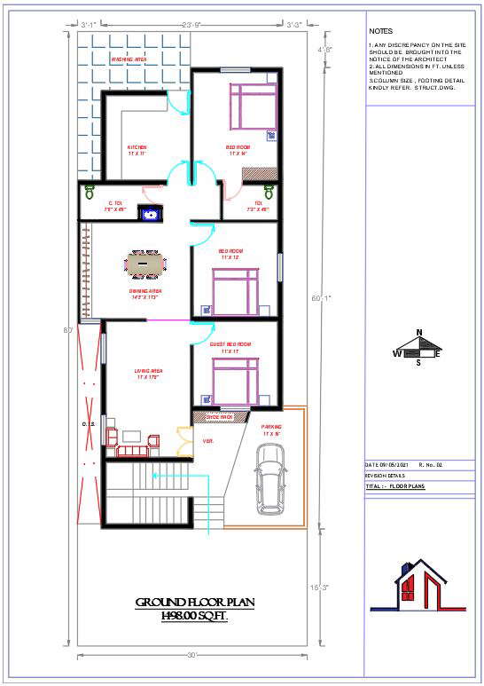 South Facing 3 Bhk Ground Floor Plan Drawing Dwg File Cadbull