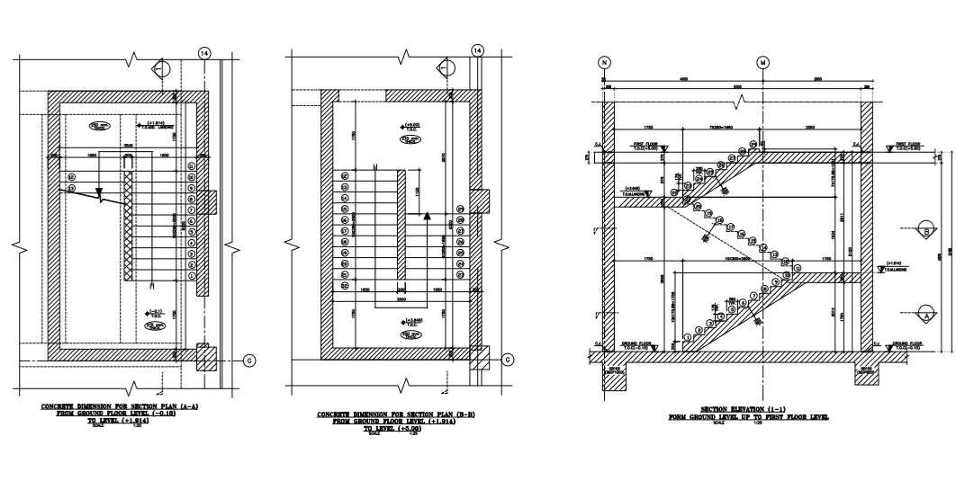 staircase plan ,section and detail of building - Cadbull