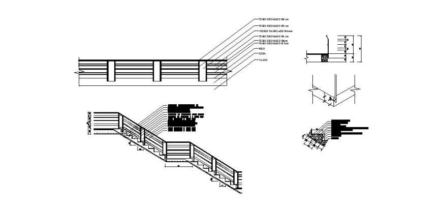 Staircase with railing for house constructive section cad drawing