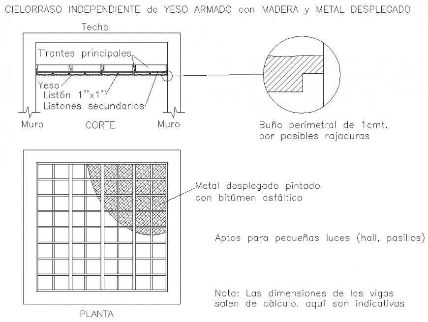 Suspended Ceiling In Wood And Metal Plan And Section Detail Dwg File Cadbull