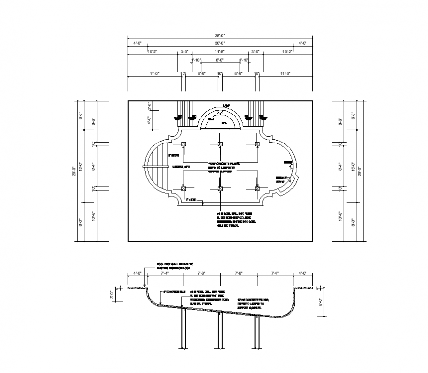 Swimming pool structure detail 2d view layout file in dwg format Cadbull