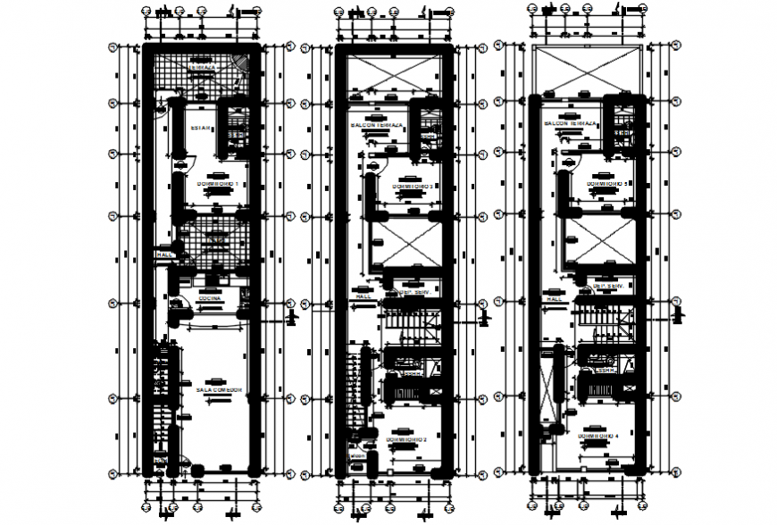 Three floor distribution with furniture layout cad drawing details dwg ...