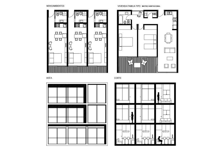Three story apartment building elevation, section and