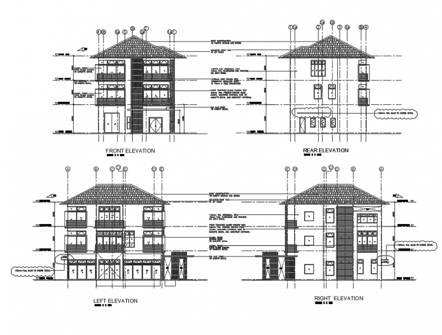 Three Story Bungalow All Sided Elevations Cad Drawing Details Dwg File Cadbull
