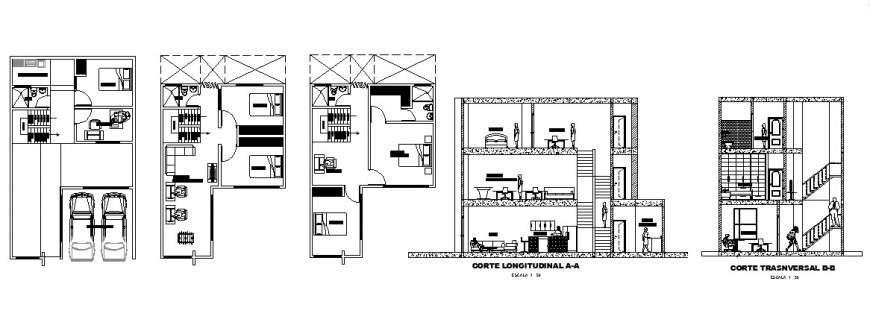 Three story residential house section and floor plan cad