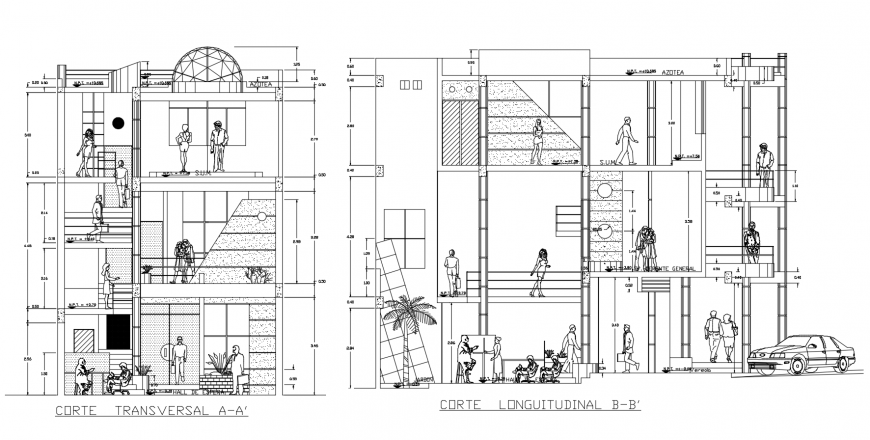 Transverse and longitudinal sectional drawing details of apartment